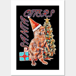 Santa Otters Christmas tree gift Posters and Art